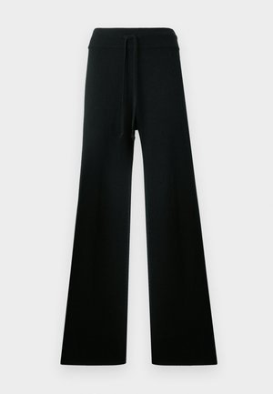 Pantaloni neri a gamba larga con cintura regolabile, realizzati in un tessuto morbido e strutturato. Presentano una finitura liscia e una silhouette rilassata.