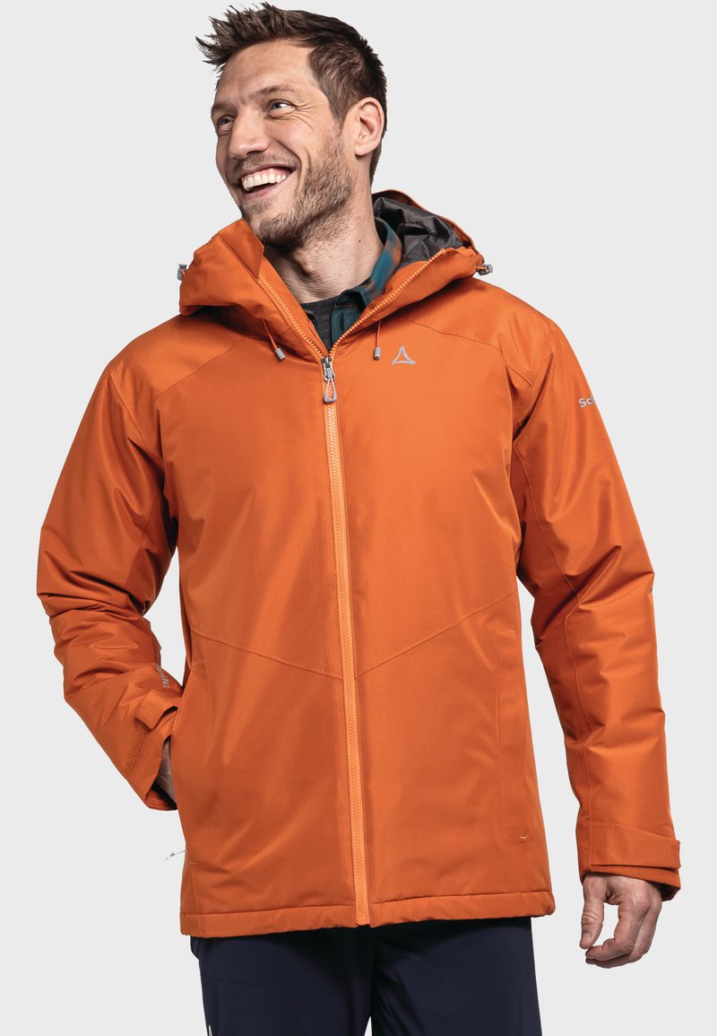 Veste imperméable orange avec fermeture éclair à l'avant, capuche ajustable et deux poches latérales. Présente un tissu texturé et un logo discret sur la poitrine.