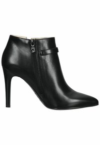 Stivale in pelle nera alla caviglia con punta appuntita, chiusura con zip laterale e tacco sottile a stiletto. Texture liscia e design minimalista.