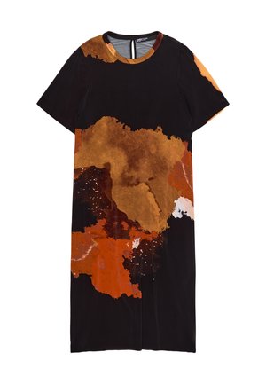 Zwart jurkje met korte mouwen, grote abstracte roestbruine, bruine en witte vlekken, ronde halslijn en zoom tot op de knie.