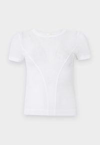 Άσπρο κοντομάνικο ριμπ πλεκτό t-shirt με στρογγυλή λαιμόκοψη και λεπτές καμπυλωτές ραφές στο μπροστινό μέρος.