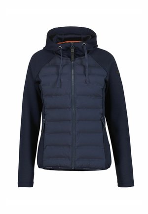 Marineblaue Kapuzenjacke mit gesteppter Fronttasche, durchgehendem Reißverschluss, Kordelzugkapuze und seitlichen Reißverschlusstaschen.