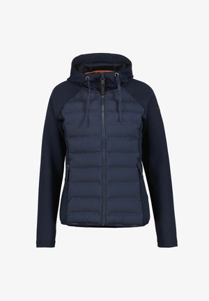 Marineblaue Kapuzenjacke mit gesteppter Fronttasche, durchgehendem Reißverschluss, Kordelzugkapuze und seitlichen Reißverschlusstaschen.