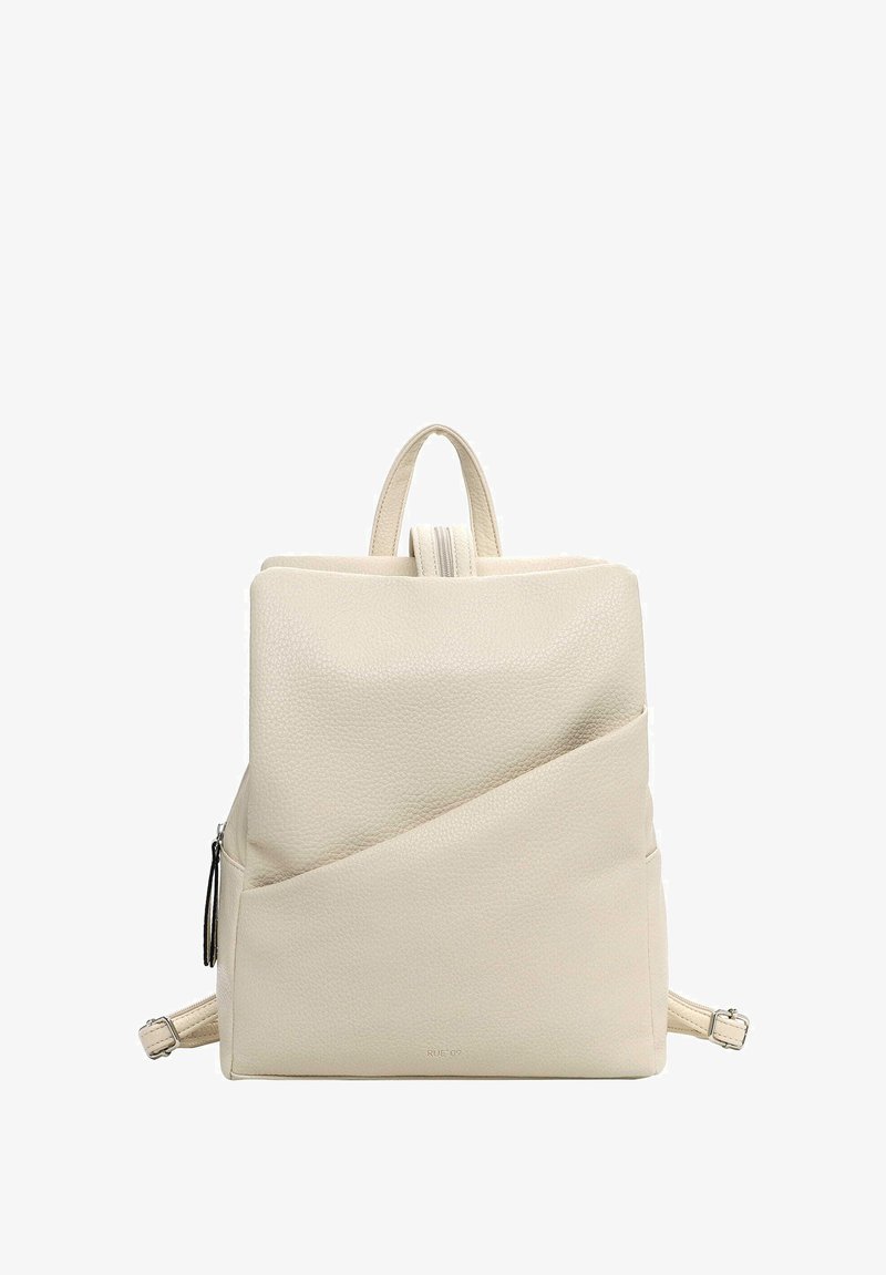 Kreemjas värvitoonis nahkbackpack, millel on geomeetriline disain, sisaldab peamist lukuga sektsiooni, ülemist sang ning külgmist lukuga taskut.