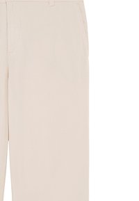 Beige højtaljede bukser med forlommer og bæltestropper, vist fra taljen til midt på låret på en hvid baggrund.