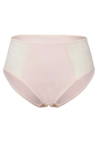 Hooggeplaatste broek in lichtroze met kanten zijpanelen, een gladde textuur, golvende randen en een centrale strikdetail op de taille.