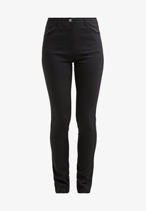 Mustad musta värvi slim-fit teksad siledast kangast, millel on ees nööbiga kinnihoidmine, vöökohad ja viis taskut. Klassikaline disain.