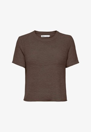 Haut court marron à manches courtes avec un tissu texturé, col rond et coupe ample. Design simple sans motifs ni accents.