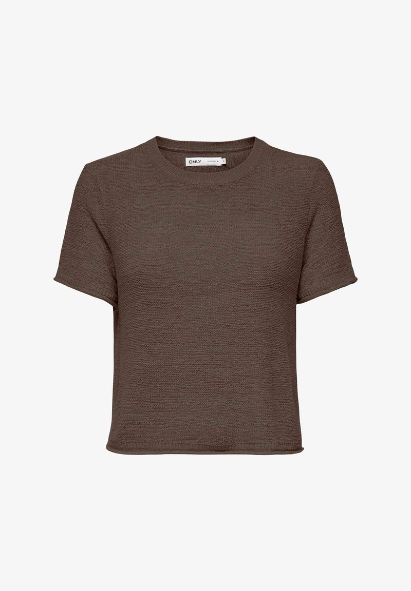 Haut court marron à manches courtes avec un tissu texturé, col rond et coupe ample. Design simple sans motifs ni accents.