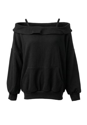 Sort off-shoulder sweatshirt med lange ærmer, en for lomme, elastiske manchetter og tynde skulderstropper.