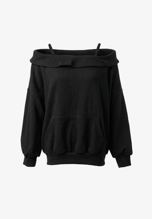 Zwarte off-shoulder sweatshirt met lange mouwen, een voorzak, elastische boorden en dunne schouderbandjes.