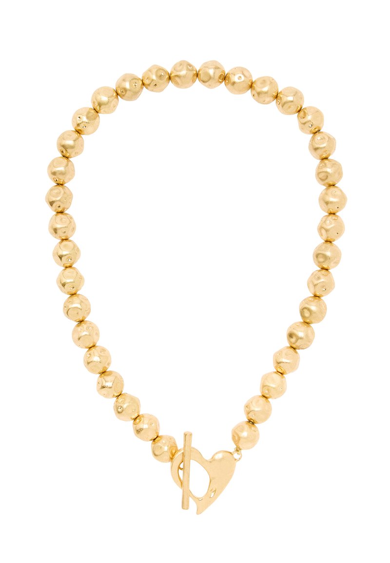 Złota naszyjnik z koralikami w nieregularnych okrągłych kształtach, z zapięciem na zatrzask w kształcie serca.