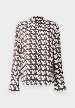 Long-sleeve shirt in white with a brown abstract pattern. Features a collar and button closure. Smooth fabric with a relaxed fit.