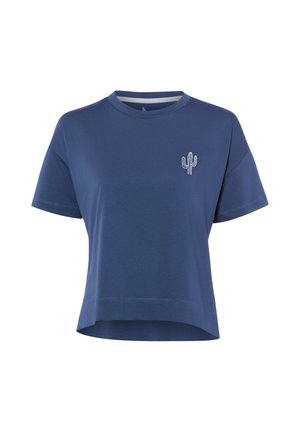 T-shirt corta a maniche corte blu navy con scollo rotondo e piccola grafica bianca di cactus sul petto sinistro.