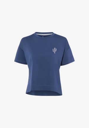 T-shirt court bleu marine à manches courtes avec col rond et petit motif de cactus blanc sur la poitrine gauche.