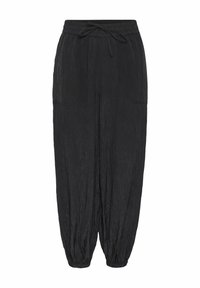 Pantalon ample noir froissé avec taille élastique, cordon de serrage, poches avant et bords élastiques froncés aux chevilles.