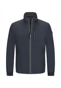 Marineblaue Jacke mit hohem Kragen, Frontreißverschluss und zwei Seitentaschen. Verfügt über strukturierte Manschetten und eine Reißverschlusstasche auf der Brust.