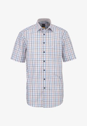 Camicia da uomo a maniche corte con bottoni, motivo a quadri blu, grigio e bianco e colletto appuntito.