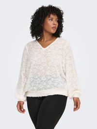 Vit texturerad blus med V-ringning, med ett blommönster, långärmad och med en fransig fåll. Bärs över svarta byxor.