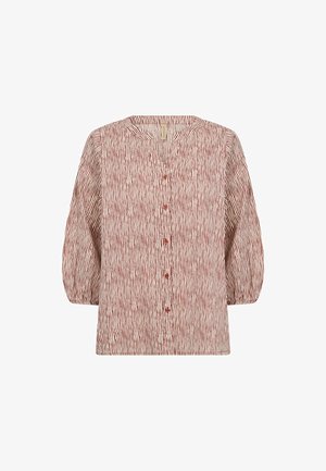 Leichte, cremefarbene Bluse mit vertikalen roten Streifen, rundem Ausschnitt, langen Puffärmeln und durchgehender Knopfverschluss. Strukturierte Stoffoberfläche.