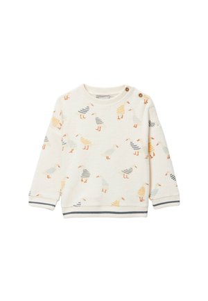 Pull crème pour enfants à manches longues, décoré de petits motifs de mouettes rayées dans des couleurs douces et détails de boutons sur l'épaule.