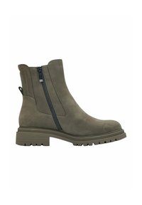 Bottines en daim de couleur vert doux. Dotées de zips latéraux, d'une surface texturée et d'une semelle robuste avec des rainures. Conception solide et décontractée.