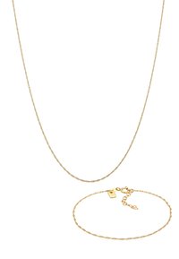 Guld snoet kædedyse og armbånd, med et delikat design og en poleret overflade, der viser spændehardware og justerbar længde.