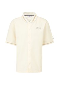 Camicia a maniche corte con bottoni di colore crema, caratterizzata da una texture uniforme, colletto a costine con strisce e logo FILA ricamato in leggero.