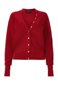 Cardigan rosso con scollatura a V, maniche lunghe e chiusura frontale con bottoni. Realizzato in tessuto morbido con polsini e orlo a coste. Dettagli con bottoni argentati.