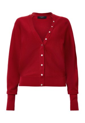 Cardigan rosso con scollatura a V, maniche lunghe e chiusura frontale con bottoni. Realizzato in tessuto morbido con polsini e orlo a coste. Dettagli con bottoni argentati.