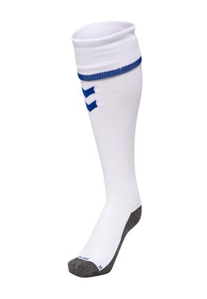 White knee-high sports sock with blue stripes near cuff and blue logo, featuring dark gray reinforced heel and toe areas.