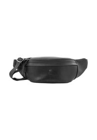 Marsupio in pelle nera dal design elegante e arrotondato. Presenta una chiusura con zip, una tracolla regolabile e un discreto dettaglio con logo impresso.