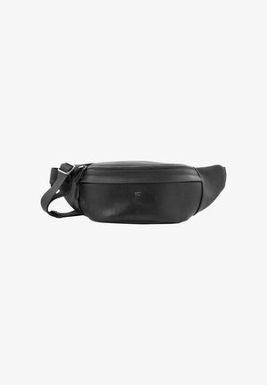 Marsupio in pelle nera dal design elegante e arrotondato. Presenta una chiusura con zip, una tracolla regolabile e un discreto dettaglio con logo impresso.