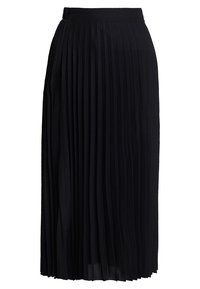 Černá skládací sukně s vysokým páskem, vyrobená z lehké tkaniny. Textura je hladká a po celé délce obsahuje vertikální záhyby.