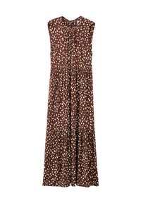 Brun ärmlös klänning med rund halsringning, rynkdetalj vid bröstet, vit prickig mönster och en lagerkjol.