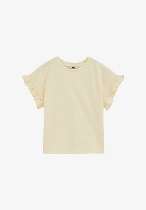 T-shirt jaune à manches courtes avec des accents à volants sur les manches, fabriqué en coton doux, avec une coupe décontractée et un col rond.