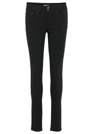 Schwarze Skinny-Jeans aus Denim mit glatter Textur. Zu den Merkmalen gehören ein Knopf- und Reißverschluss, fünf Taschen und minimale Nähte.