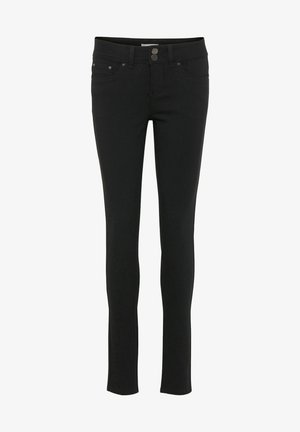 Černé úzké džíny vyrobené z denimu se hladkým povrchem. Vlastnosti zahrnují zapínání na knoflík a zip, pět kapes a minimální švy.