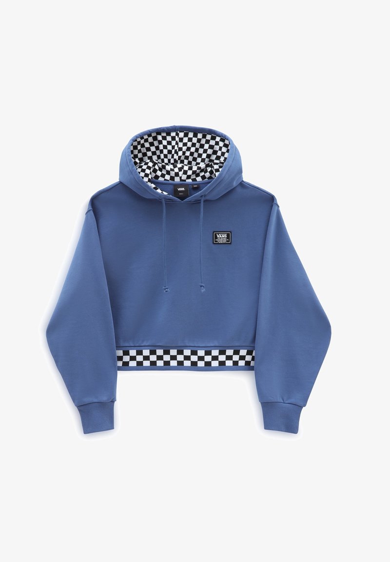 Sweat à capuche court bleu avec doublure et ourlet à carreaux noir et blanc, avec patch logo Vans sur la poitrine.