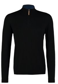 Pull-over noir à manches longues avec fermeture éclair quart de zip et petit curseur beige, doté d'un col montant et d'une coupe ajustée.