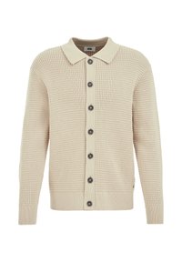 Cardigan bej tricotat, cu țesătură texturată, închidere cu butoane pe față și butoane închise la culoare. Include un guler și manșete ribbate.