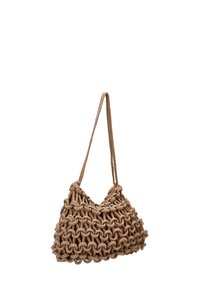 Bolso tejido en tono beige con un diseño texturizado y anudado, con una sola correa y una silueta curva. Estilo ligero y casual, adecuado para el uso diario.