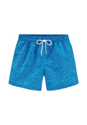 Blaue Badeshorts mit weißem Kordelzug und durchgehend diagonal verlaufendem "BENCH"-Schriftzug in weißer Umrandung.