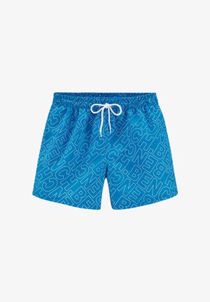 Blaue Badeshorts mit weißem Kordelzug und durchgehend diagonal verlaufendem "BENCH"-Schriftzug in weißer Umrandung.