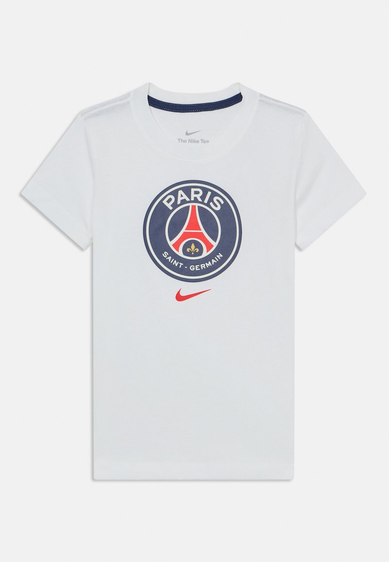 Biela bavlnená tričko s okrúhlym námorníckym a červeným logom "Paris Saint-Germain" v strede, s malým Nike swoosh nižšie.