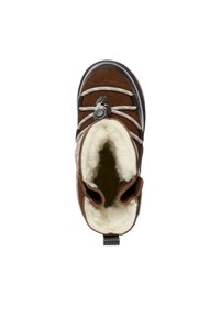 Brązowy zamszowy but z białym sztucznym futrem, okrągły zamek do zapięcia i solidna gumowa podeszwa. Posiada wyściełany kołnierz i teksturowane akcenty.