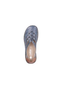 Blue leather slip-on shoe with woven design and brown accents, featuring a cushioned inner sole and contrasting textured outer sole.