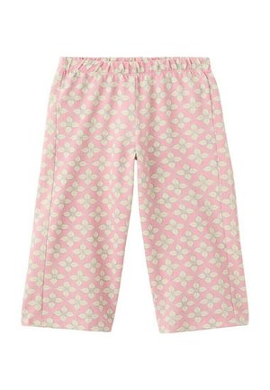 Pantalon rose à taille élastique avec un motif floral clair sur l'ensemble et jambes droites.