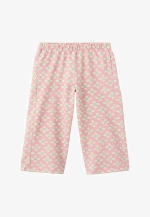 Pantalon rose à taille élastique avec un motif floral clair sur l'ensemble et jambes droites.