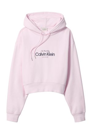 Ροζ cropped φούτερ με μακριά μανίκια, κουκούλα με κορδόνι και μαύρο λογότυπο "New York City Calvin Klein" στο κέντρο μπροστά.